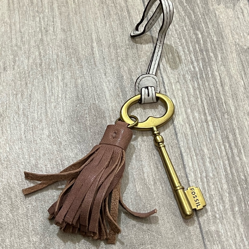 Fossil Gold Key with Brown Tassel Keychain